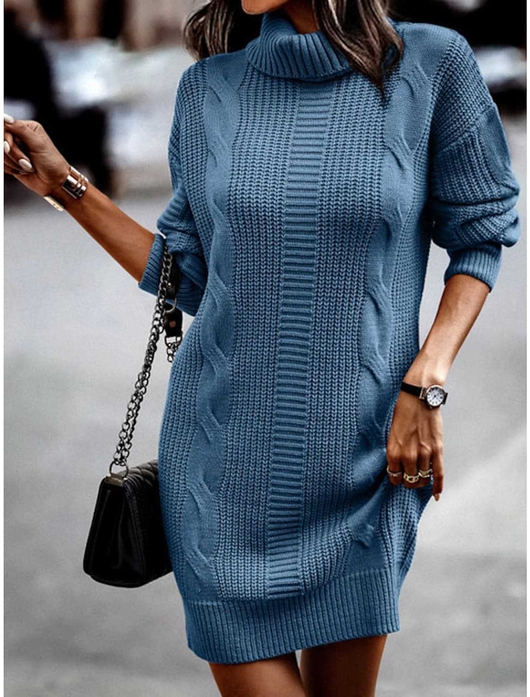 Isolde cable knit turtleneck dress in blue, front view