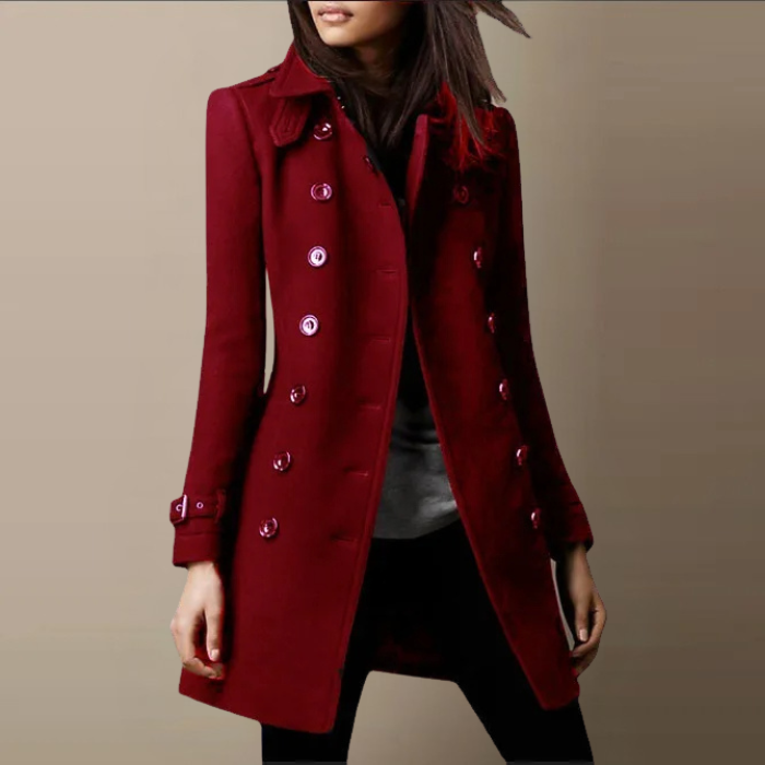 Isolde double-breasted mid-length coat in red, front view