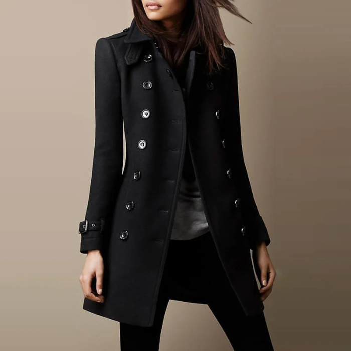 Isolde double-breasted mid-length coat in black, front view