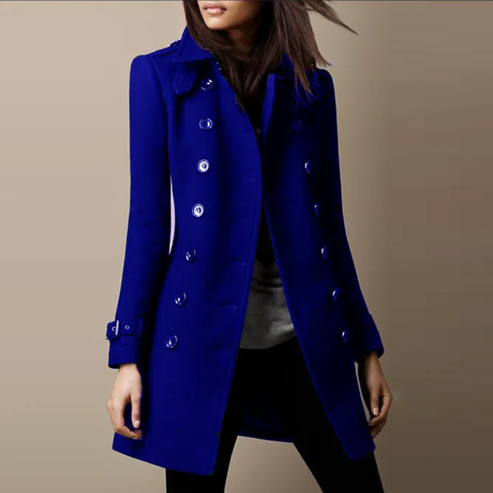 Isolde double-breasted mid-length coat in blue, front view