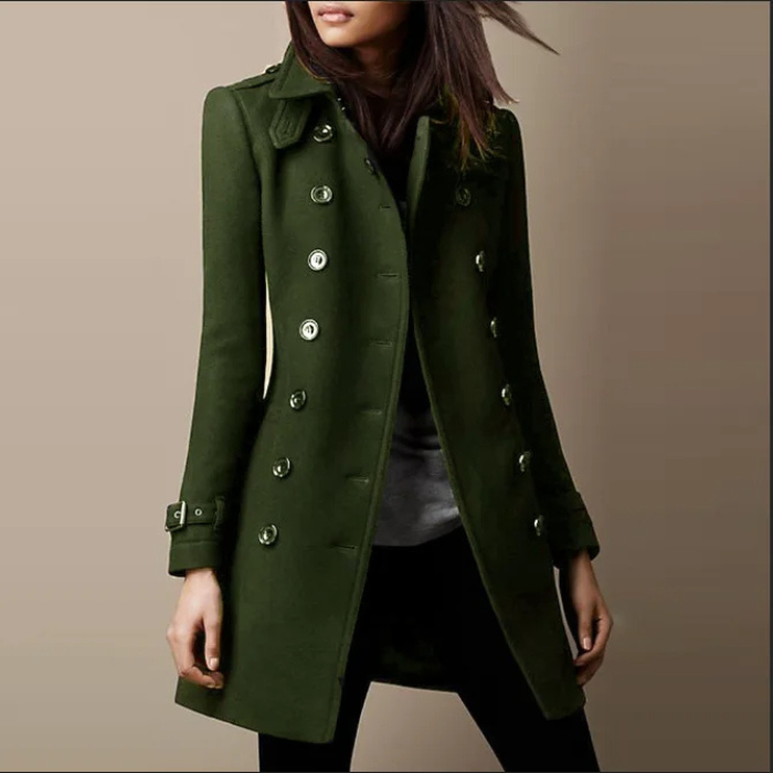 Isolde double-breasted mid-length coat in green, front view