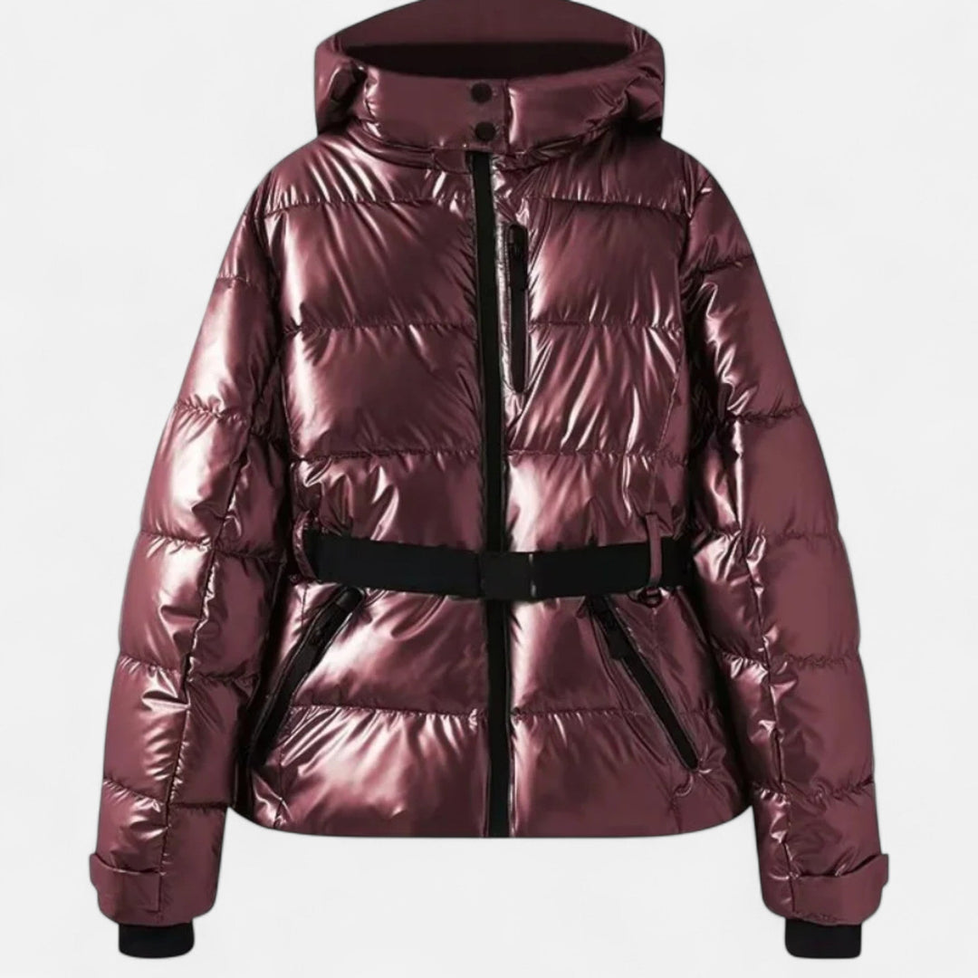 Josephine metallic burgundy fitted ski jacket with hood, front view