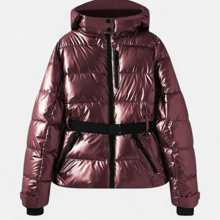 Josephine metallic burgundy fitted ski jacket with hood, front view