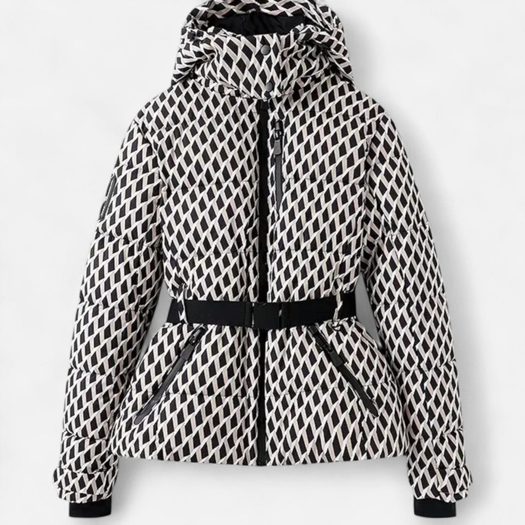 Josephine black and white diamond print fitted ski jacket, front view