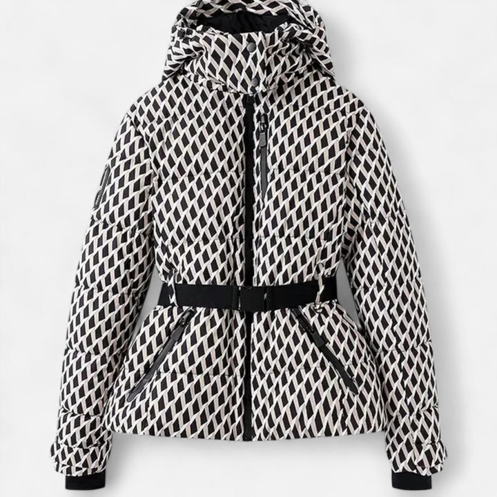Josephine black and white diamond print fitted ski jacket, front view