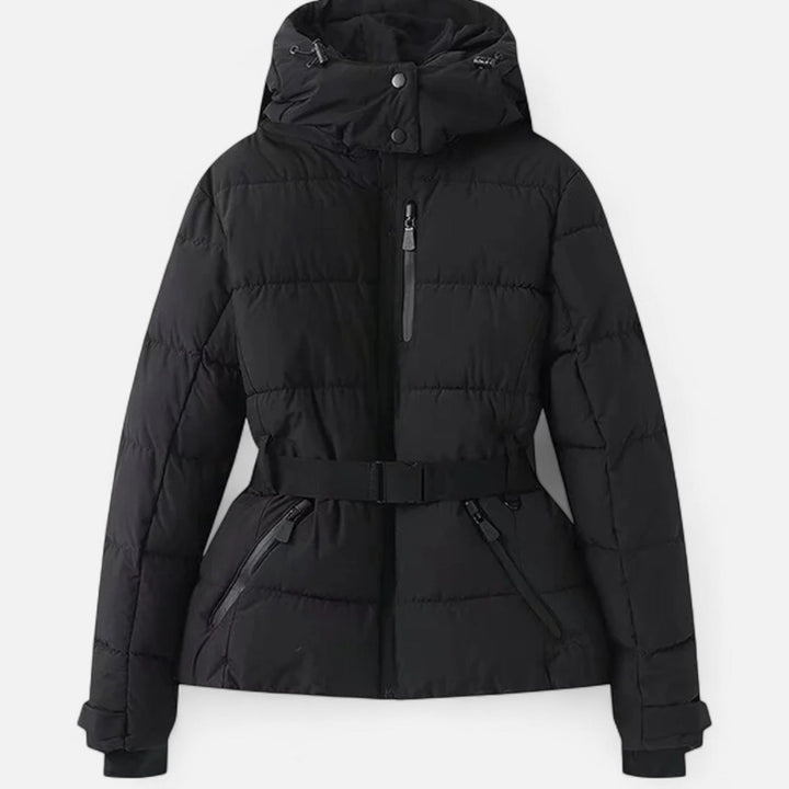 Josephine black fitted hooded ski jacket, front view