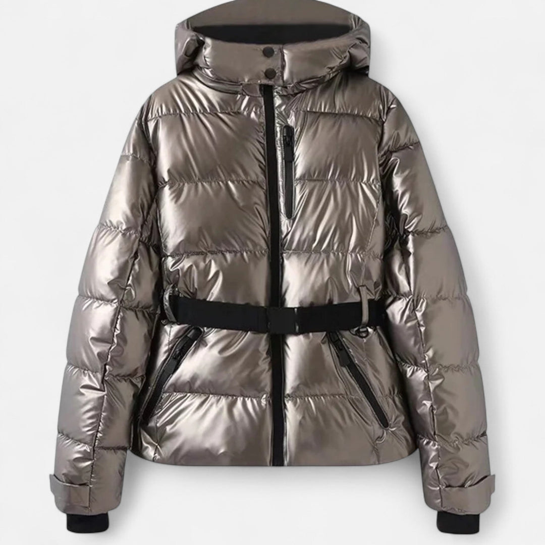 Josephine metallic pewter fitted ski jacket with belt, front view