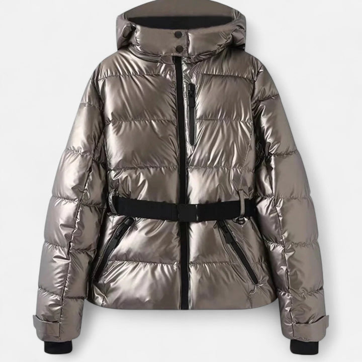 Josephine metallic pewter fitted ski jacket with belt, front view