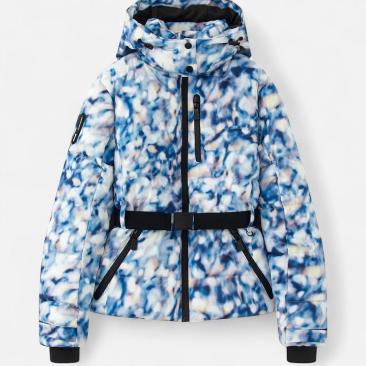 Josephine blue abstract print fitted ski jacket, front view