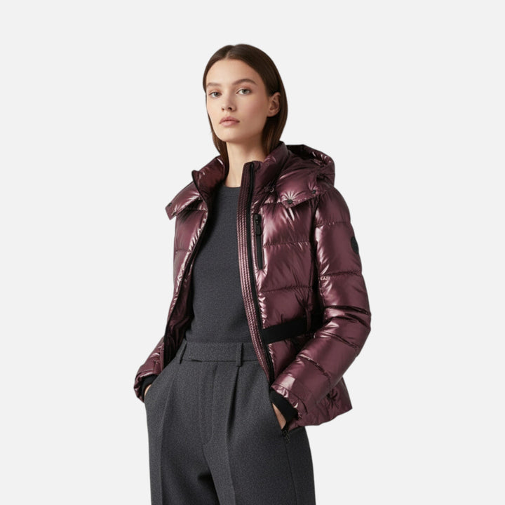 Josephine metallic burgundy fitted ski jacket worn by model, front view