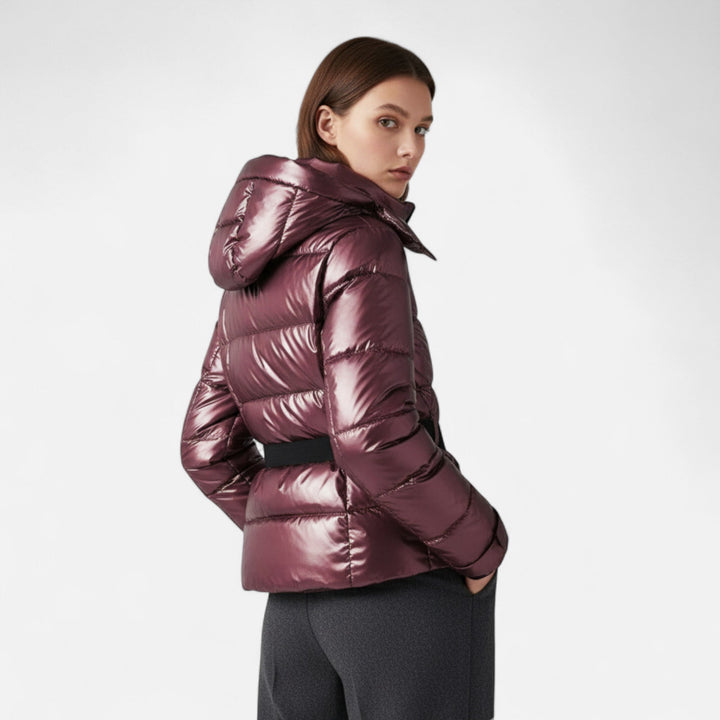 Josephine metallic burgundy fitted ski jacket worn by model, side view