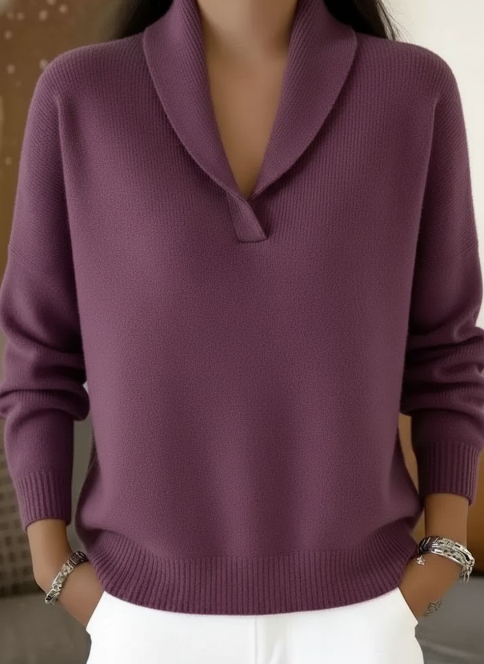 Josephine green collared V-neck long sleeve sweater, front view