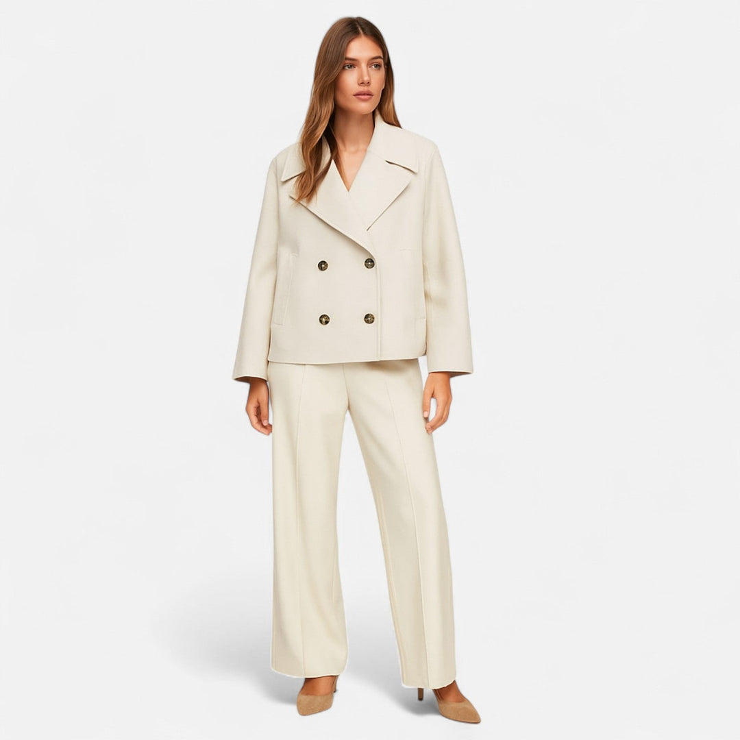 Josephine cropped double-breasted peacoat styled with matching wide-leg trousers, side view