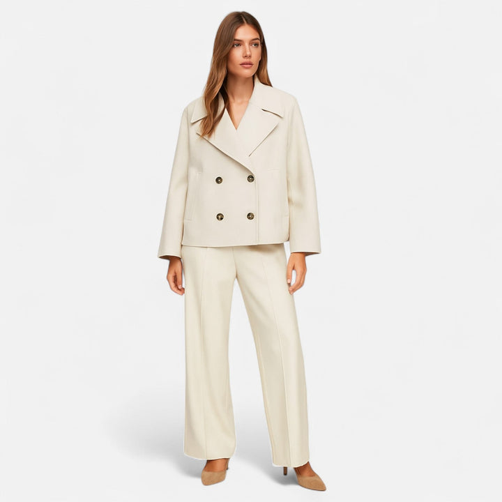 Josephine cropped double-breasted peacoat styled with matching wide-leg trousers, side view