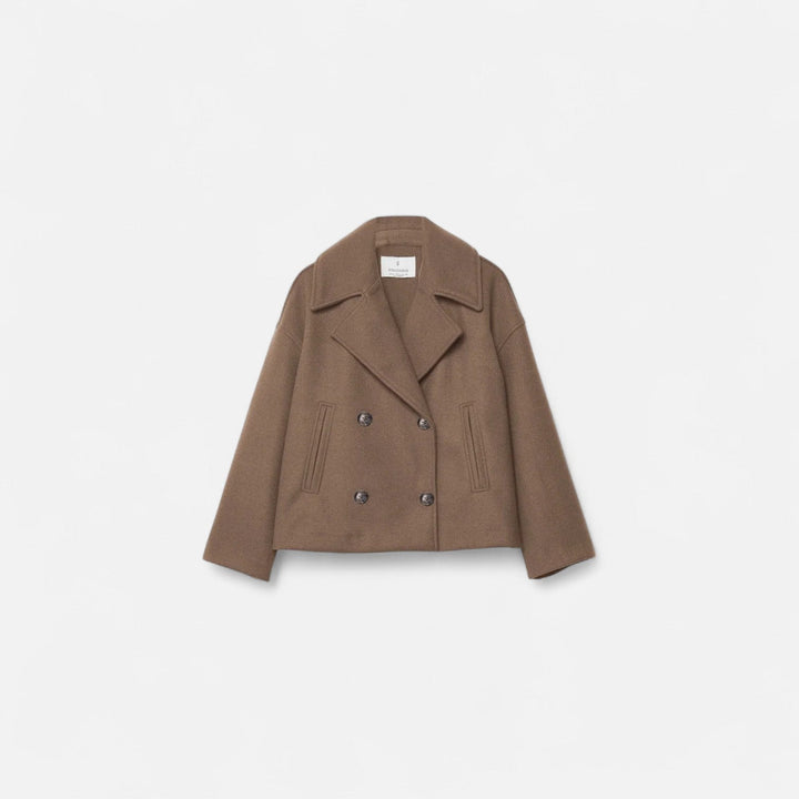 Josephine cropped double-breasted peacoat in taupe, front view