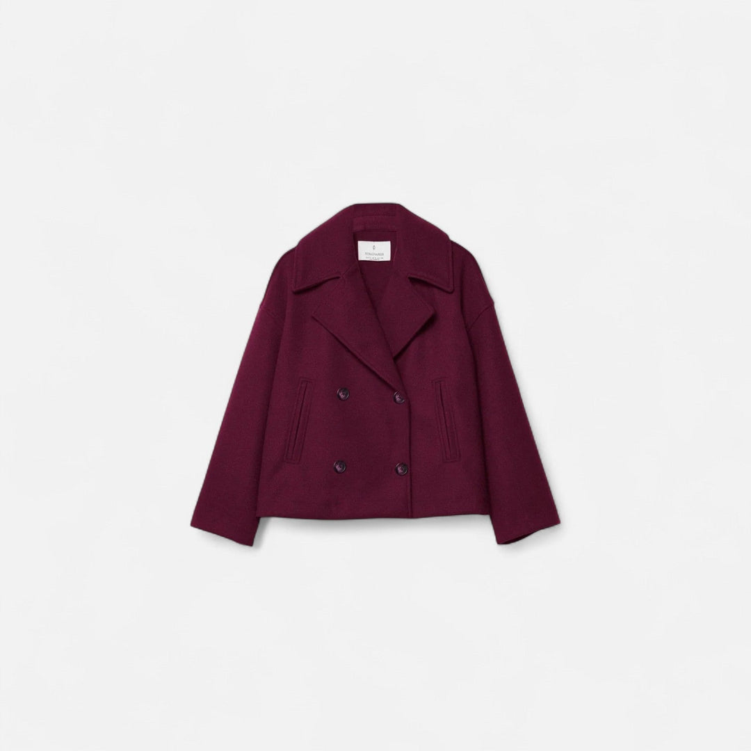 Josephine cropped double-breasted peacoat in burgundy, front view