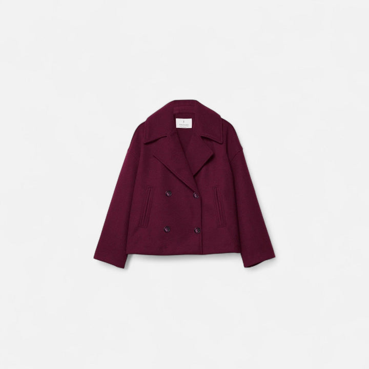 Josephine cropped double-breasted peacoat in burgundy, front view
