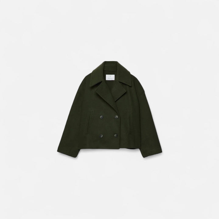 Josephine cropped double-breasted peacoat in olive green, front view