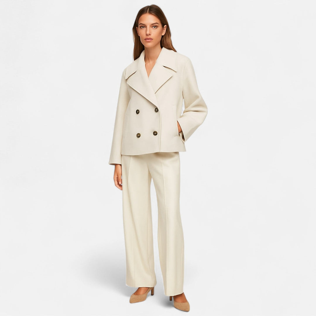 Josephine cropped double-breasted peacoat styled with matching wide-leg trousers, front view