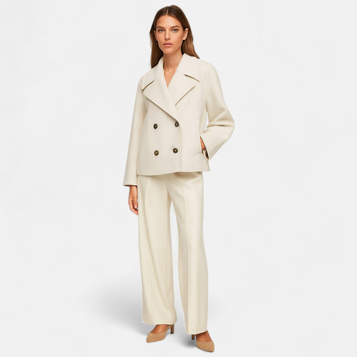 Josephine cropped double-breasted peacoat styled with matching wide-leg trousers, front view
