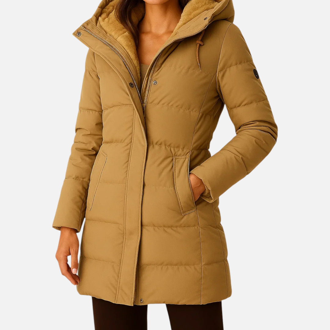 Josephine hooded faux fur trim puffer coat, close-up front view with zipper detail