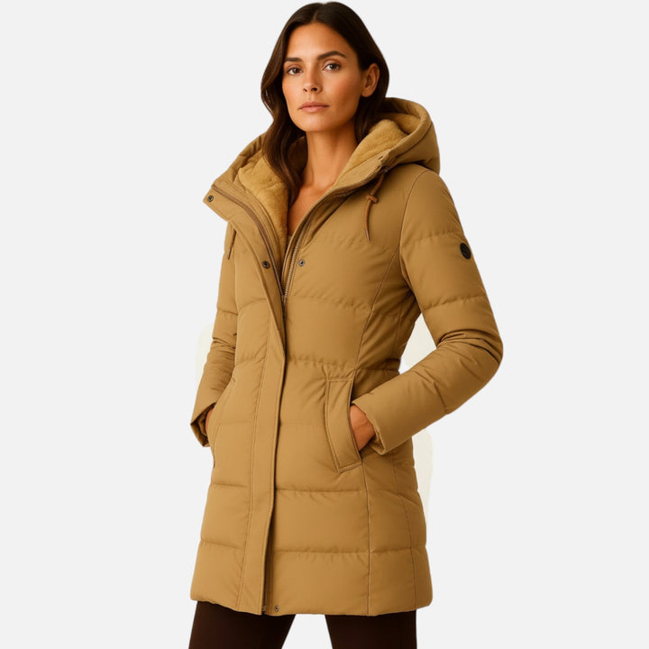 Josephine hooded faux fur trim puffer coat, full front view on model