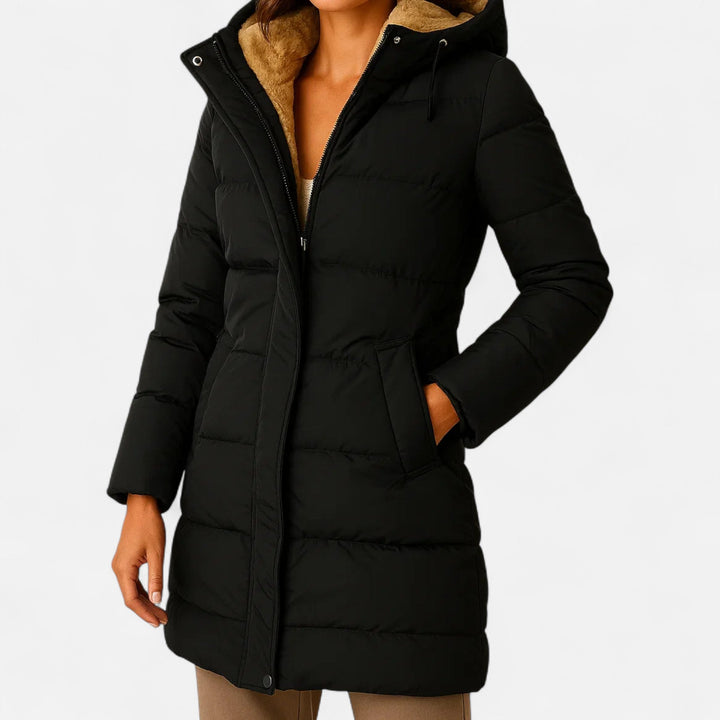 Josephine hooded faux fur trim puffer coat in black, front view