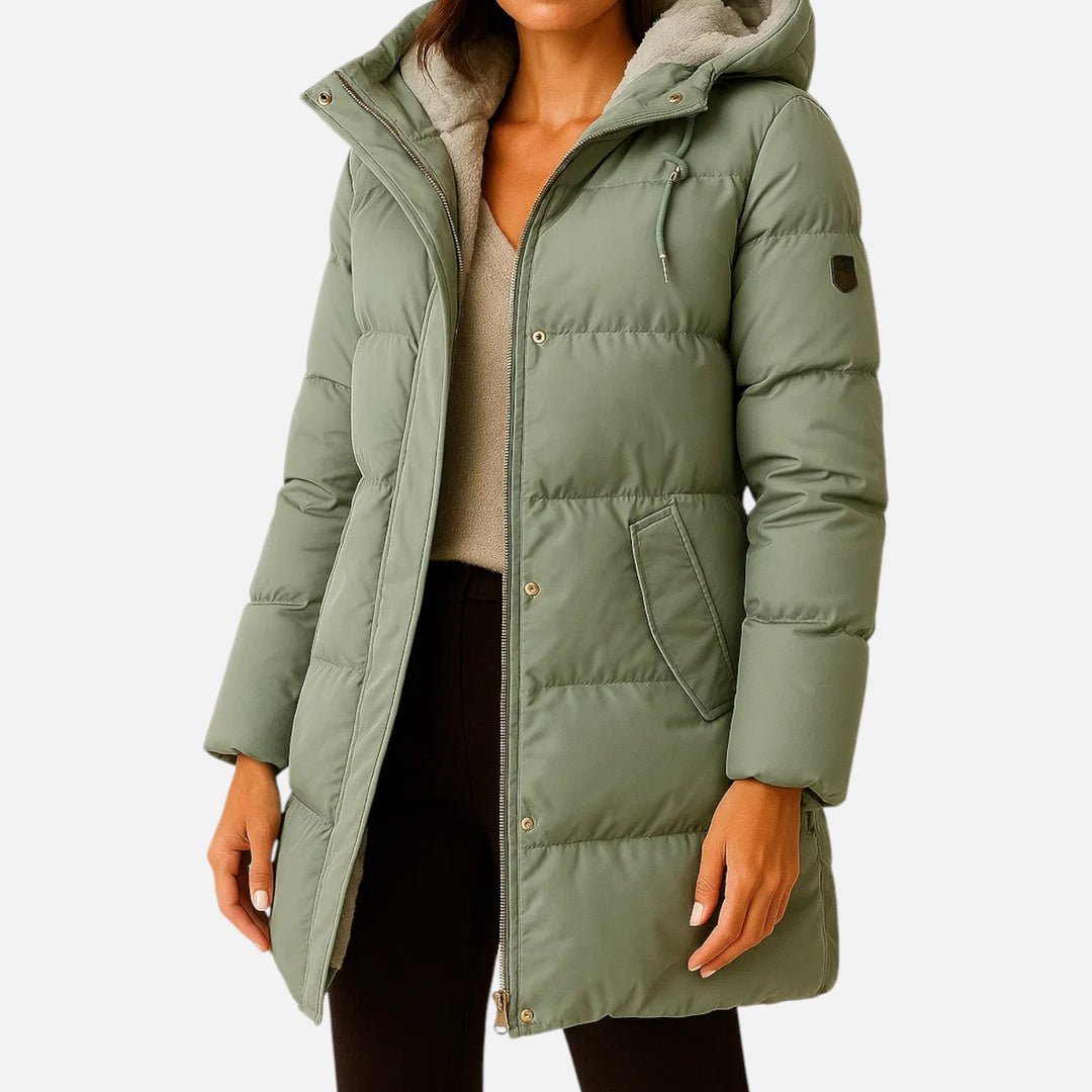Josephine hooded faux fur trim puffer coat in sage green, close-up front view