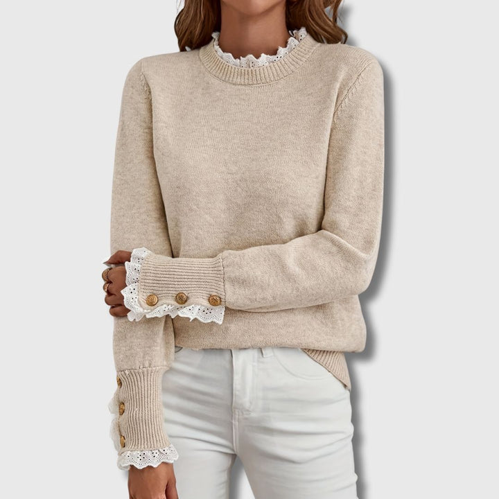 Josephine lace trim knit sweater with gold button cuffs, front view