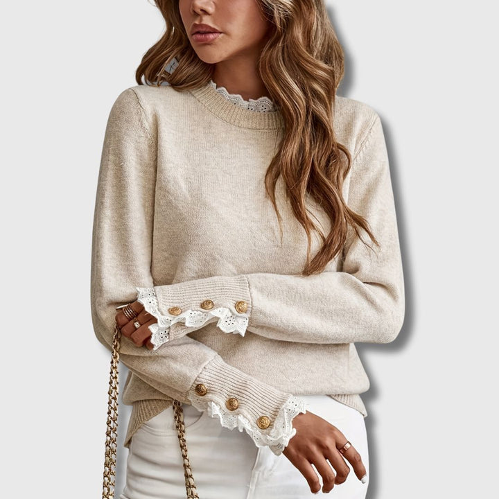 Josephine lace trim knit sweater with button cuff detail, side view