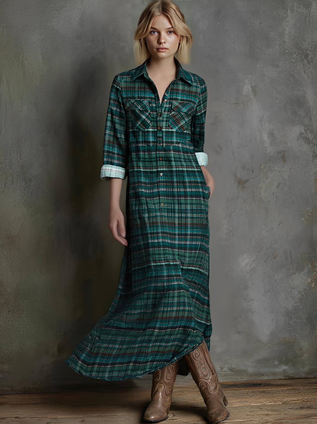 Josephine plaid button-down long sleeve maxi dress, front view with hand in pocket