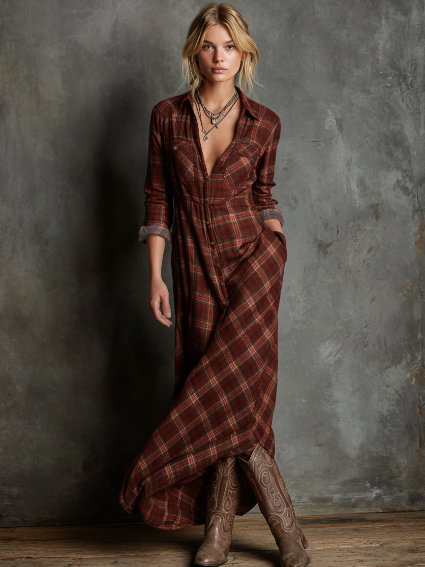 Josephine plaid long sleeve maxi shirt dress in deep red, front view