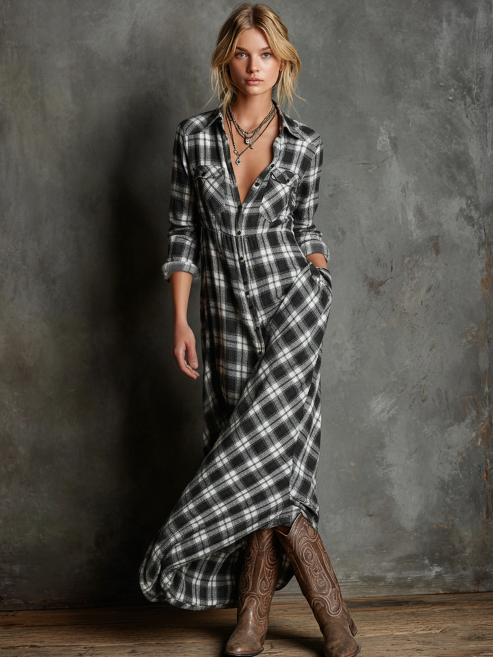Josephine plaid long sleeve maxi shirt dress in black and white, front view