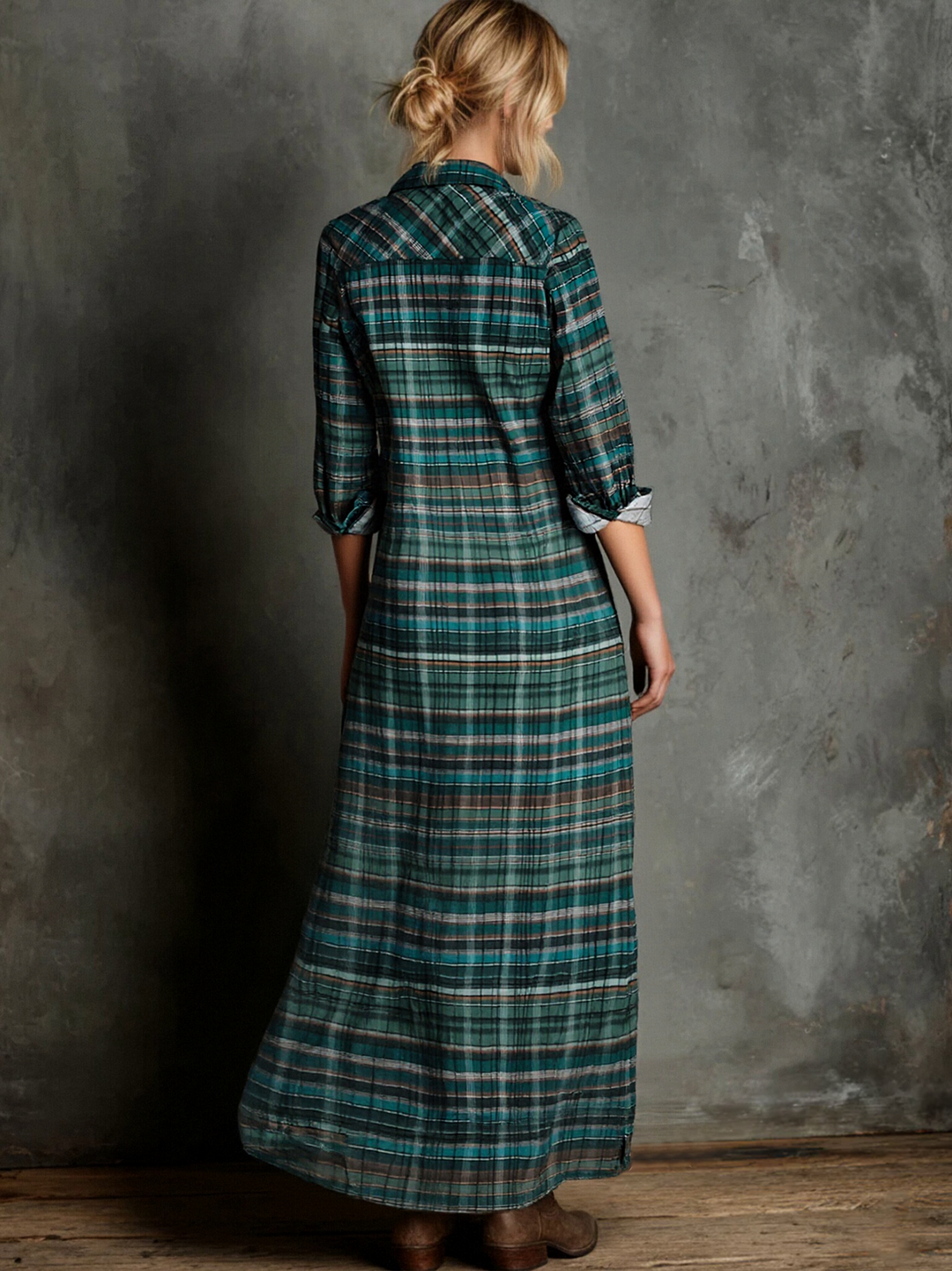 Josephine plaid long sleeve maxi dress, back view showing rolled cuffs