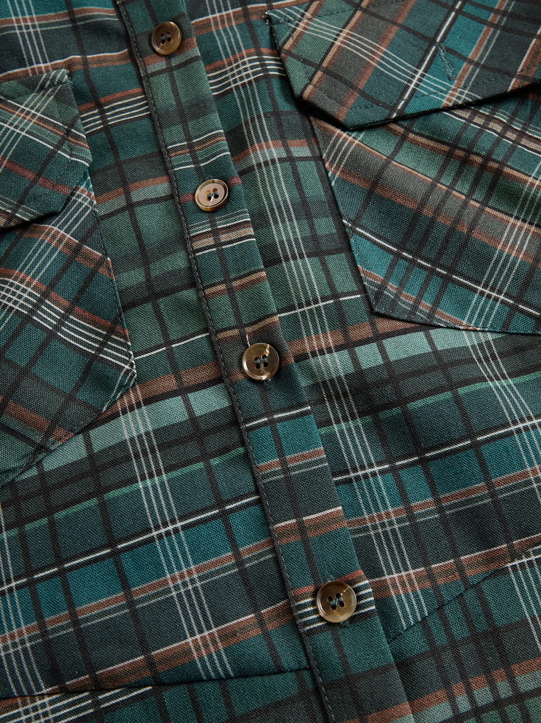 Close-up of Josephine plaid dress button placket and chest pockets