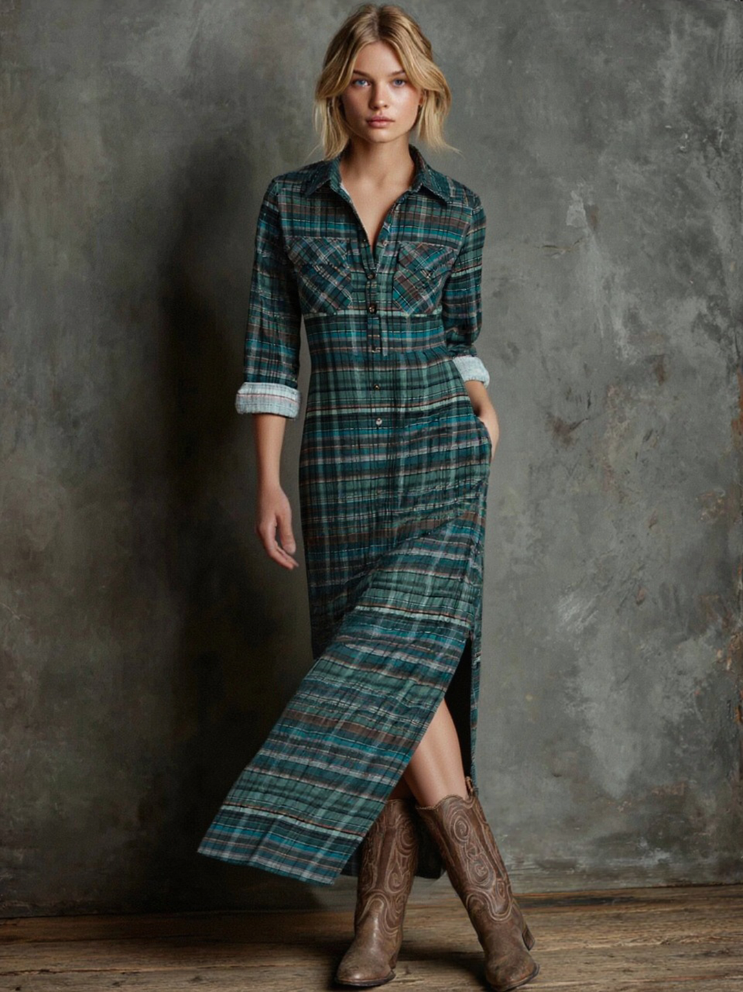 Josephine plaid maxi dress close-up showing fabric drape and side slit