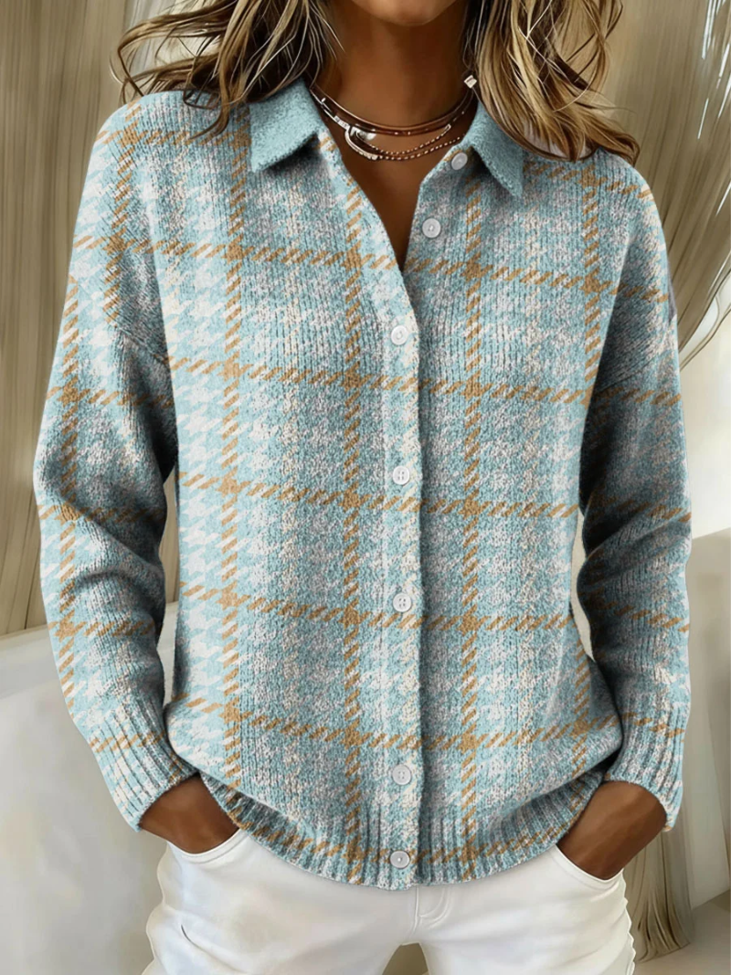 Josephine plaid collared button-down cardigan, front view close-up