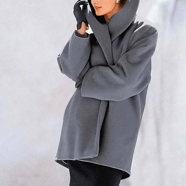 Josephine oversized shawl collar wool coat in gray with hood, front view