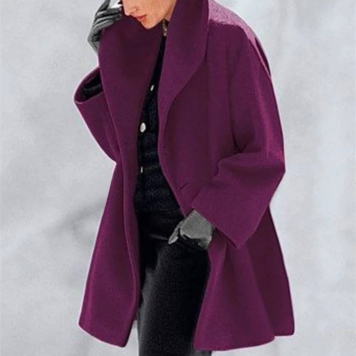 Josephine oversized shawl collar wool coat in purple, front view