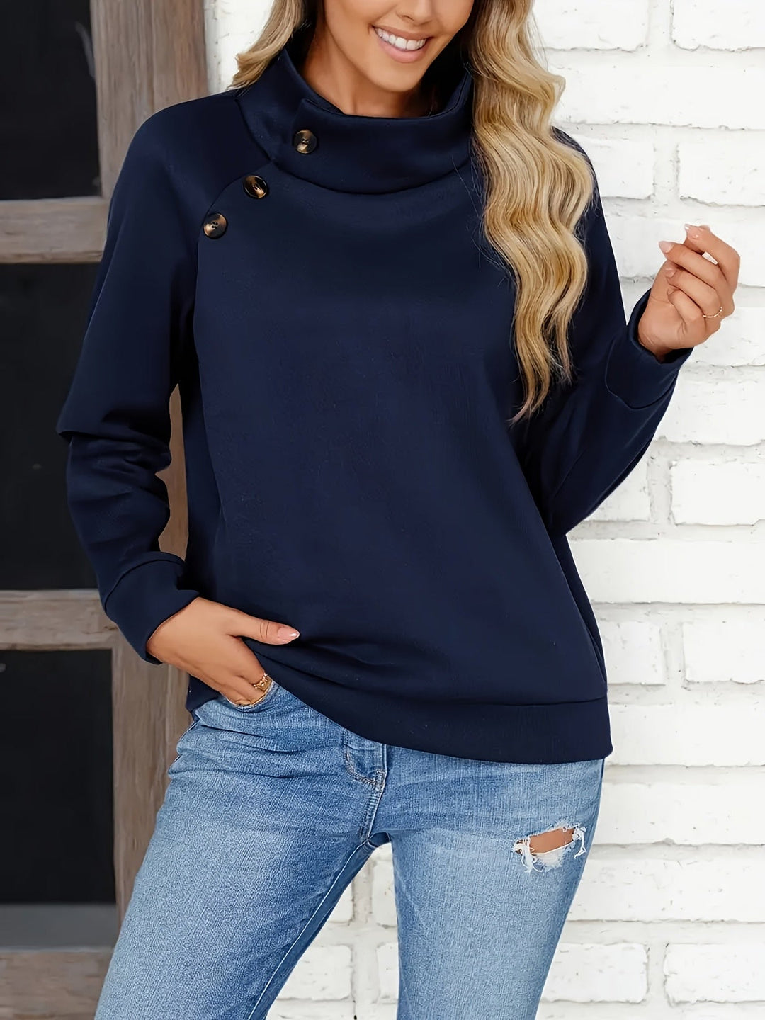 Josephine stand collar button pullover sweater, front view close-up