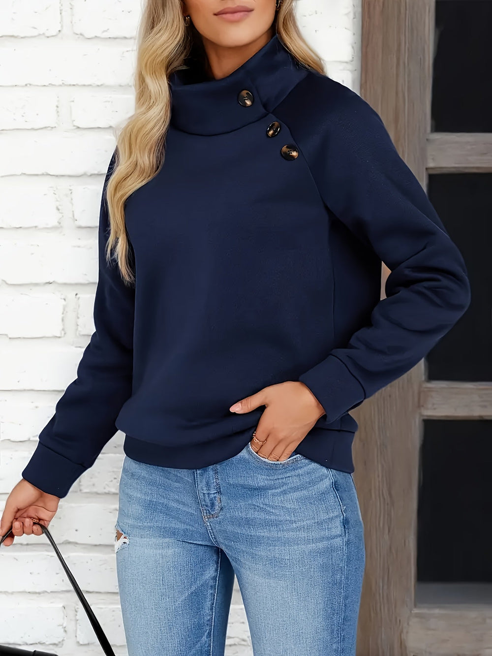 Josephine stand collar button pullover sweater, styled with jeans