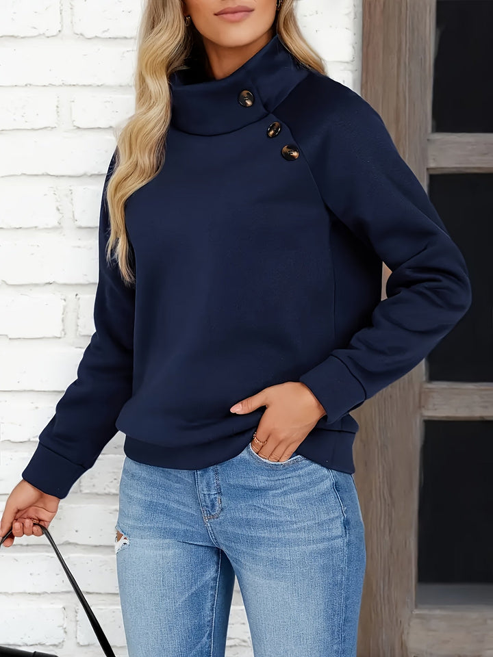Josephine stand collar button pullover sweater, styled with jeans