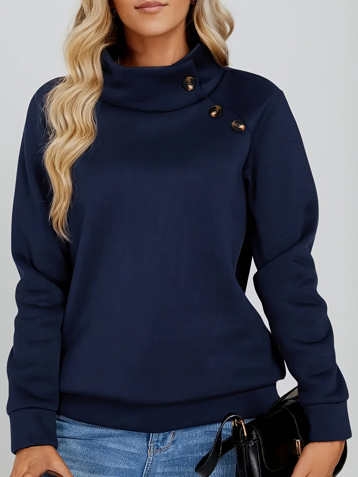 Josephine stand collar button pullover sweater, close-up on collar detail
