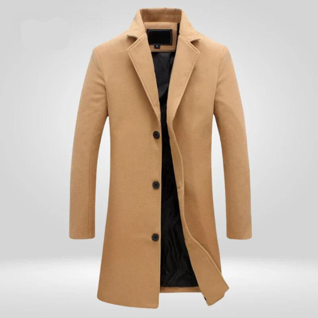Julian camel notch lapel single-breasted overcoat, front view