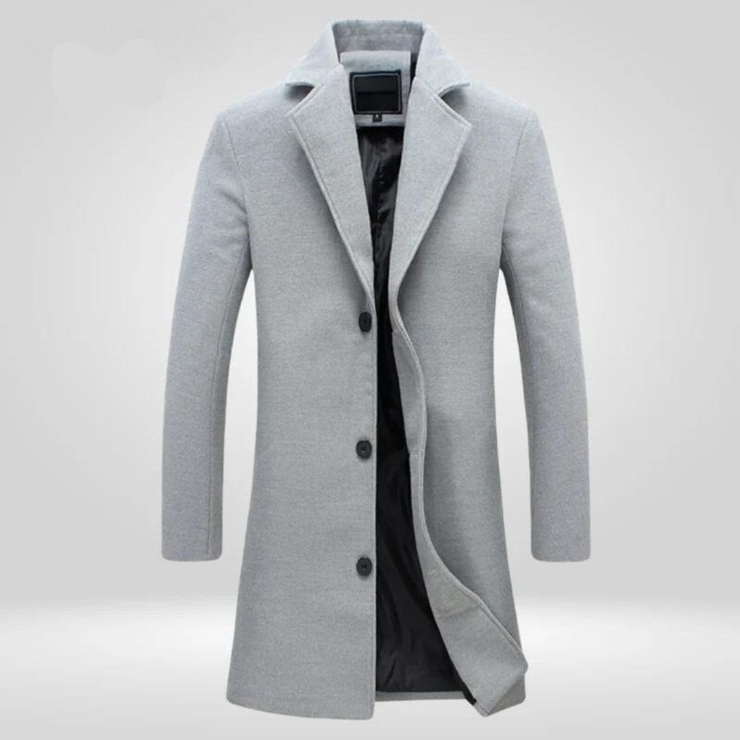 Julian gray notch lapel single-breasted overcoat, front view