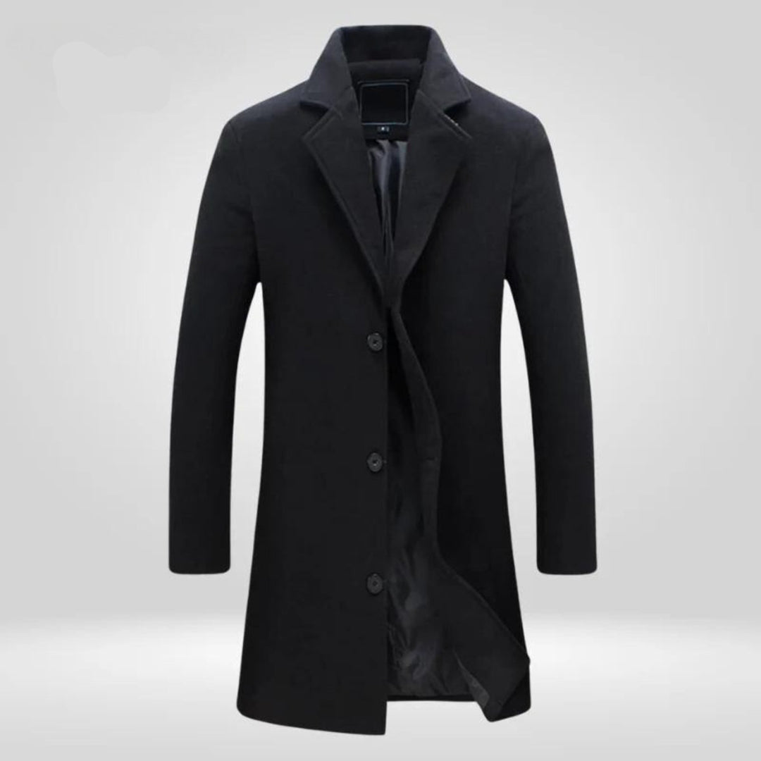 Julian black notch lapel single-breasted overcoat, front view