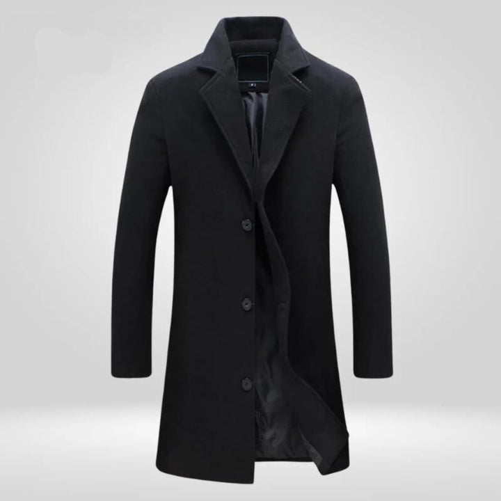 Julian black notch lapel single-breasted overcoat, front view