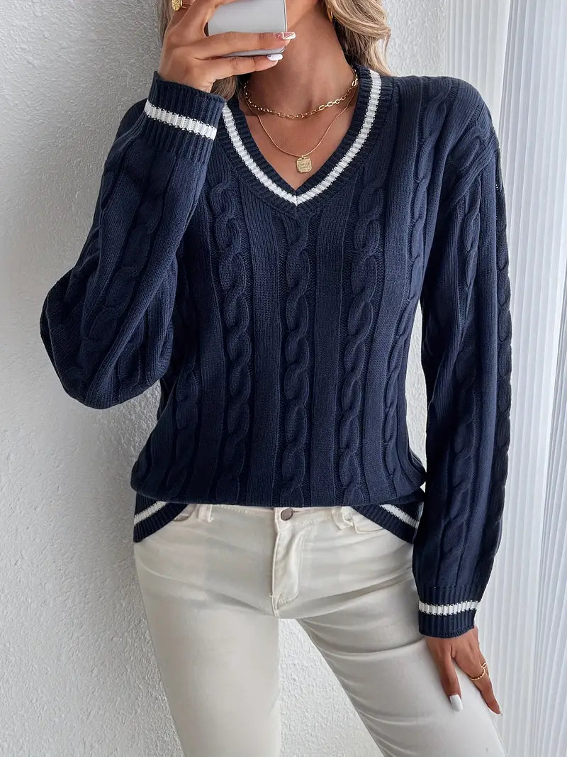 Juliette navy V-neck cable knit sweater with striped trim, close front view