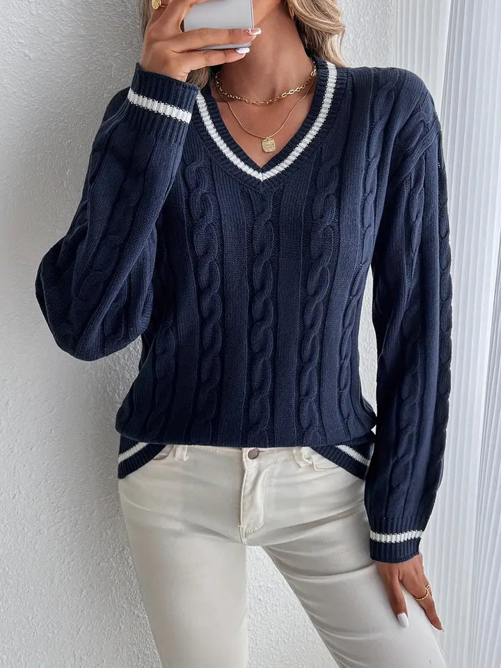 Juliette navy V-neck cable knit sweater with striped trim, close front view