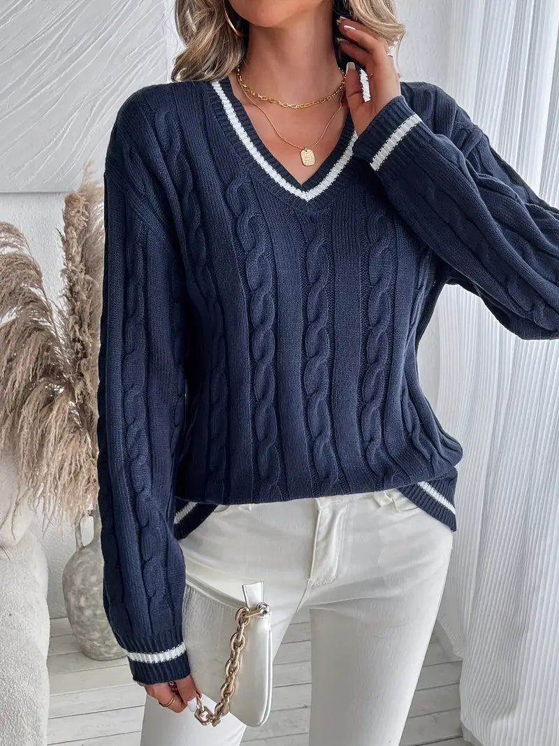 Juliette navy V-neck cable knit sweater, cuff and hem striped trim detail